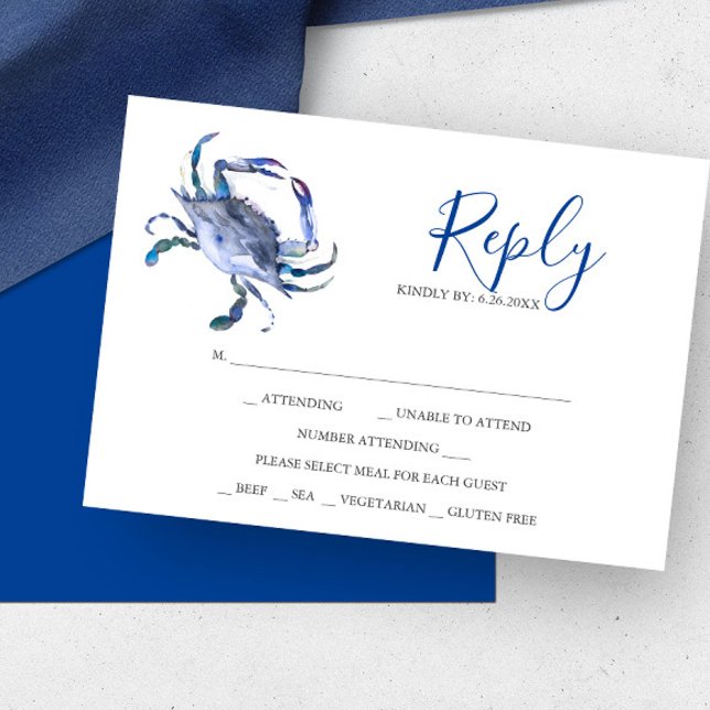 Blue Crab Reply RSVP Cards (RSVP cards watercolor coastal crab in shades of blue by Victoria Grigaliunas od Do Tell A Belle)