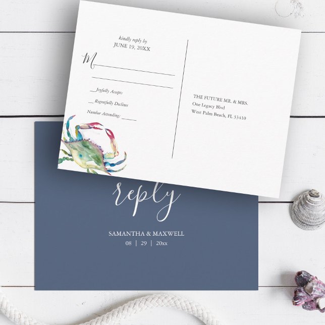 Blue Crab UAWG Postcard Postkarte (Beach Wedding Blue Crab Watercolor RSVP Postcard coastal art by Victoria Grigaliunas)