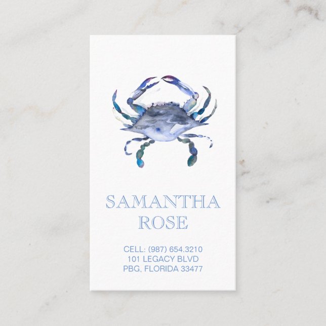 Blue Crab Watercolor Beach Business Card Visitenkarte (Vorderseite)