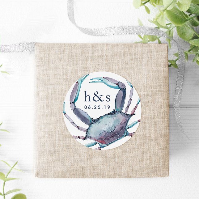 Blue Crab Wedding Monogram Runder Aufkleber (Von Creator hochgeladen)
