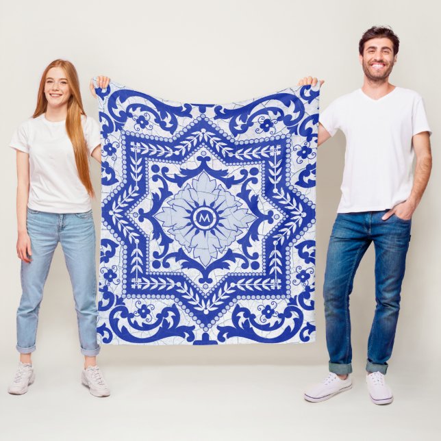 Blue Cracked Keramik Style Azulejo Vintag Fleecedecke (Beispiel)