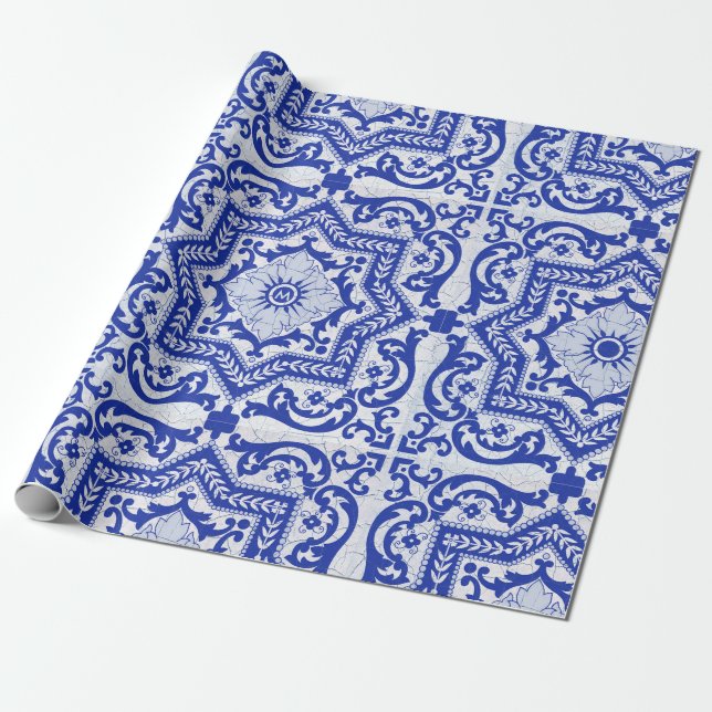 Blue Cracked Keramik Style Azulejo Vintag Geschenkpapier (Ungerollt)