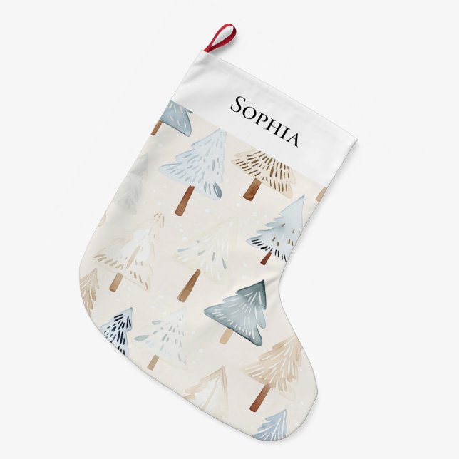 Blue Cream Cosy Christmas Trees Großer Weihnachtsstrumpf (Vorderansicht (hängend))