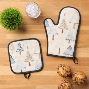 Blue Cream Cosy Christmas Trees Ofenhandschuh & Topflappen-Set