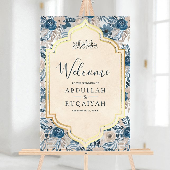Blue Cream Floral Gold Muslim Wedding Welcome Acrylschild (Von Creator hochgeladen)