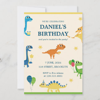 Blue Cream Fun Children's Dinosaur Geburtstagspart Einladung