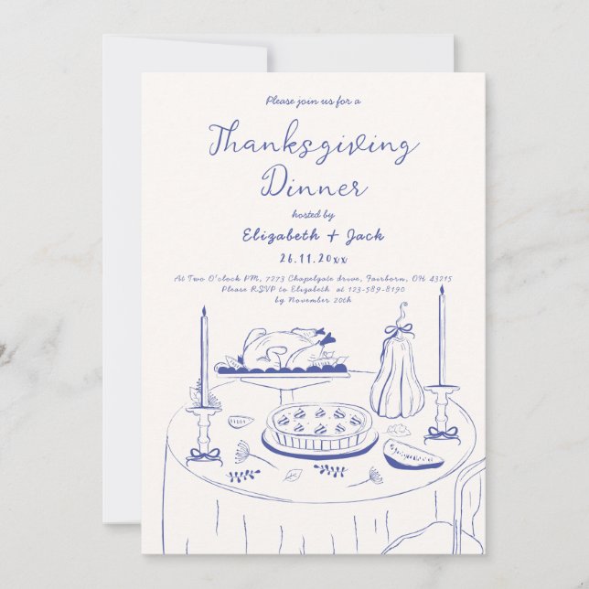 Blue & Cream Hand Draodle Doodle Erntedank Dinner Einladung (Vorderseite)