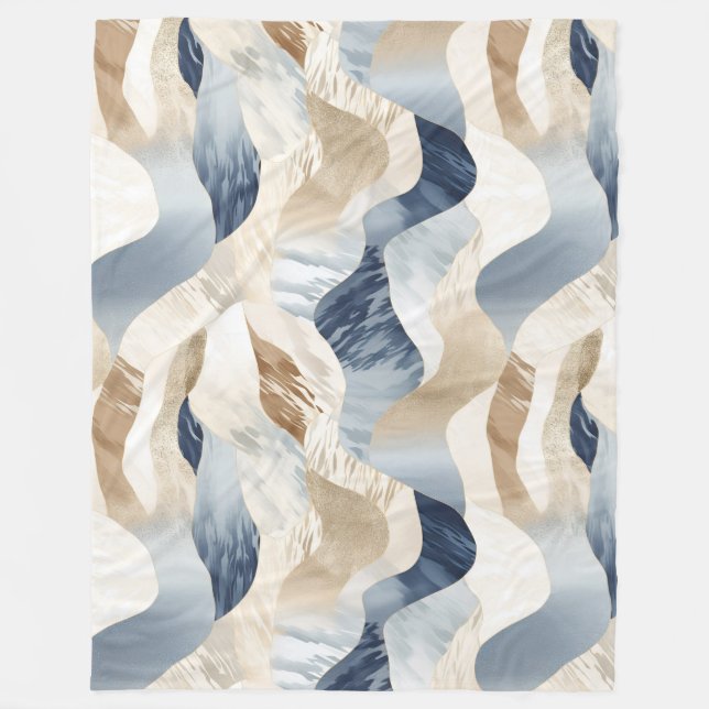 Blue Cream Ivory Abstrakt Waves Beach Fleecedecke (Vorderseite)