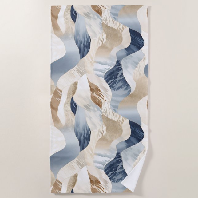 Blue Cream Ivory Abstrakt Waves Beach Strandtuch (Vorderseite)