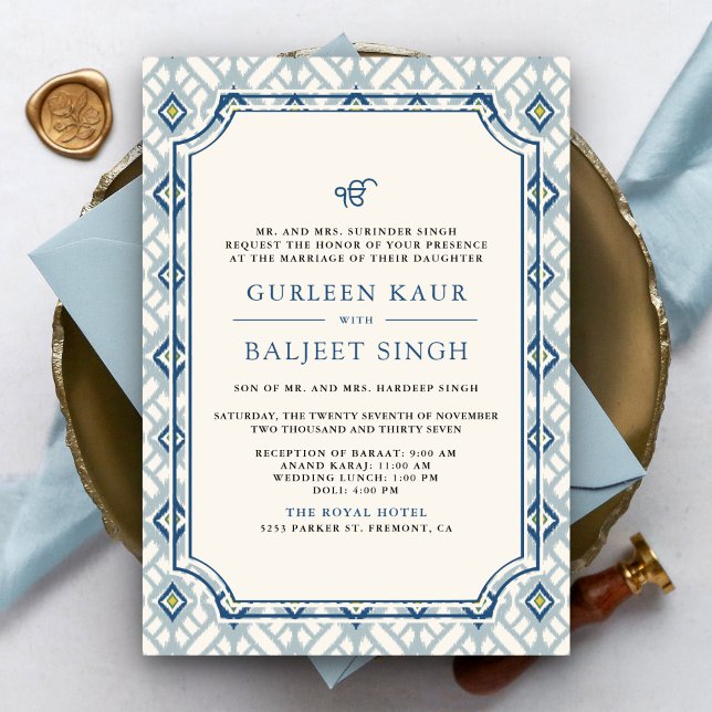 Blue Cream Ivory Ikat Anand Karaj Sikh Wedding Einladung (Von Creator hochgeladen)