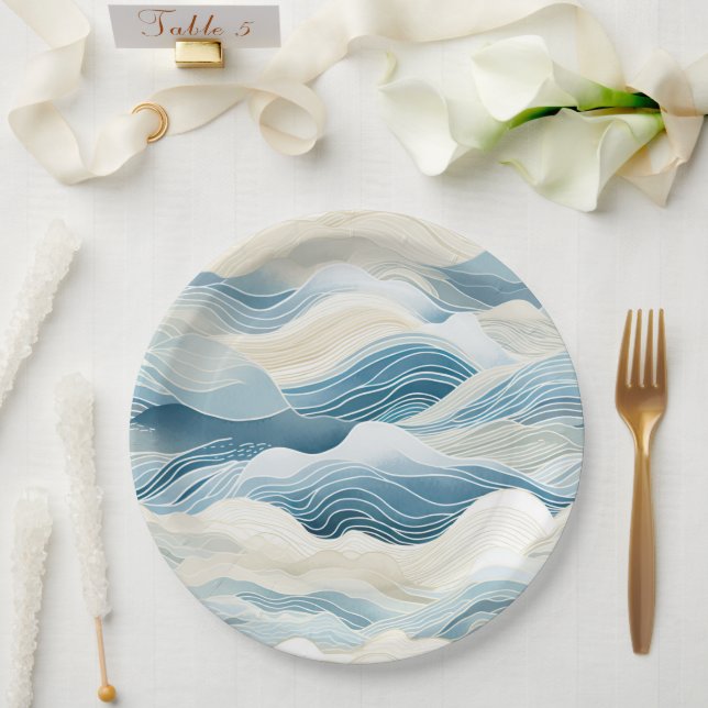 Blue Cream Sea Sand Ocean Waves Beach Pappteller (Hochzeit)