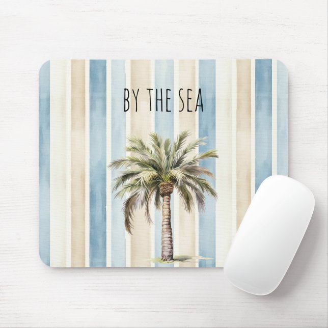Blue Cream Stripes Tropical Palm Tree Mousepad (Mit Mouse)