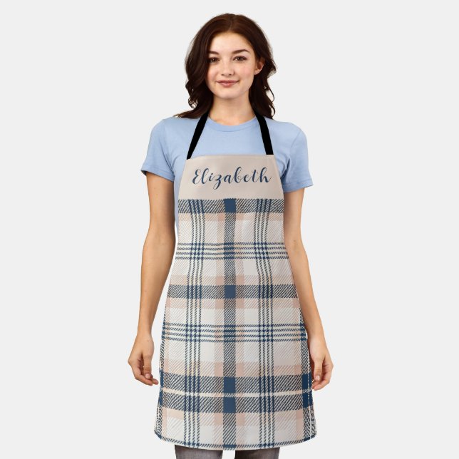 Blue Cream Tartan Plaid Custom Name Schürze (Getragen)