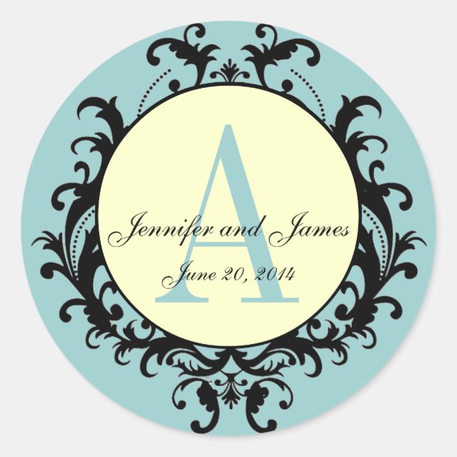 Blue Cream Wedding Monogram A Names Date Label Runder Aufkleber (Vorderseite)
