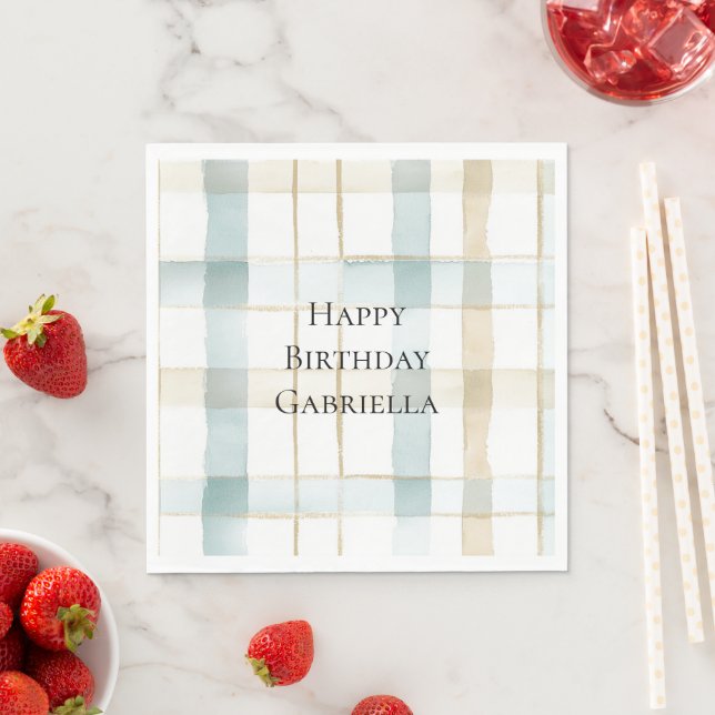 Blue Cream White Plaid Stripes Birthday Serviette (Beispiel)