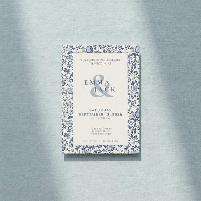 Blue Creme Floral Hochzeit im Delsoftware-Stil Einladung (Delftware style Blue cream Floral wedding Invitation.)