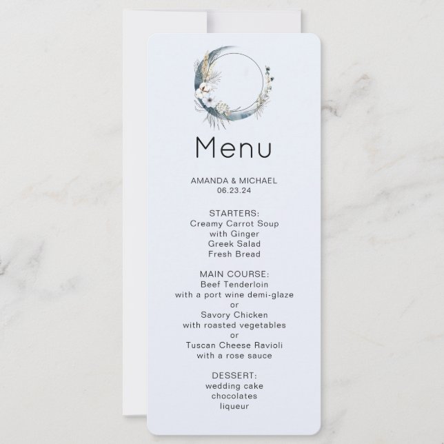 Blue Crescent Moon mit White Blume Menu Einladung (Vorderseite)
