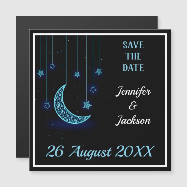 Blue Crescent Moon & Starry Sky Save the Date Magneteinladung (Vorne/Hinten)