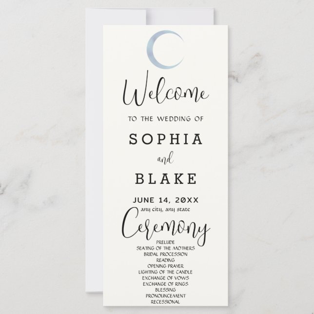 Blue Crescent Moon White Cream Hochzeitsprogramm (Vorderseite)