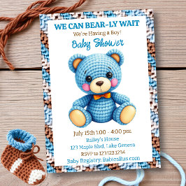 Blue Crocheted Teddy Bear Boy's Baby Shower Einladung
