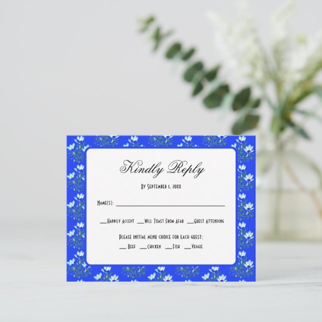 Blue Crocus Wedding RSVP Card (Stehend Vorderseite)