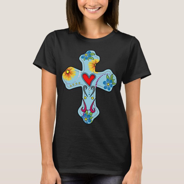 Blue Cross Mexican Folk Art Heart Blume Day T-Shirt (Vorderseite)
