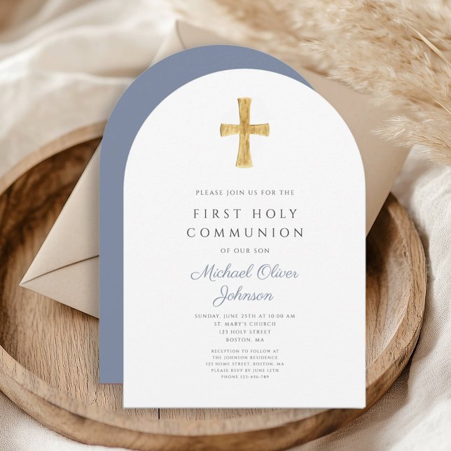 Blue Cross Religious Boy First Heilige Kommunion A Einladung (Blue Cross Religious Boy First Holy Communion Arch Invitation)