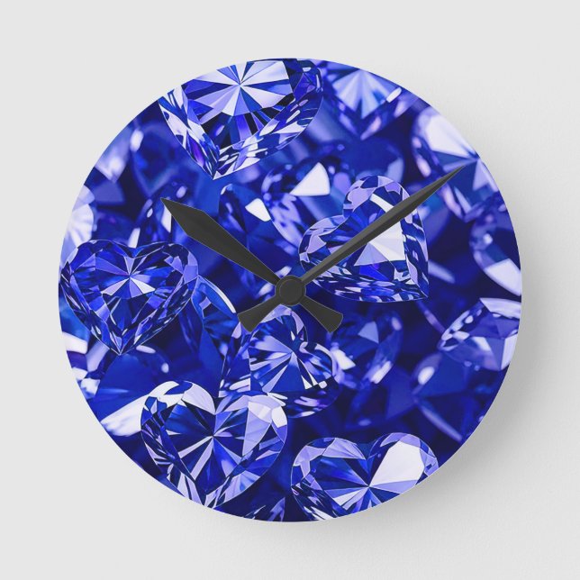Blue Crystal Diamond Hearts Runde Wanduhr (Vorderseite)