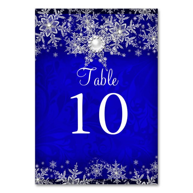 Blue Crystal Pearl Snowflake Tischnummer Card (Vorderseite)