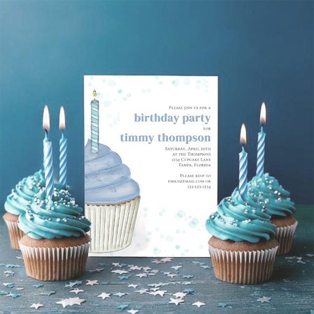 Blue Cupcake Einladung (First birthday blue watercolor cupcake invitation.)
