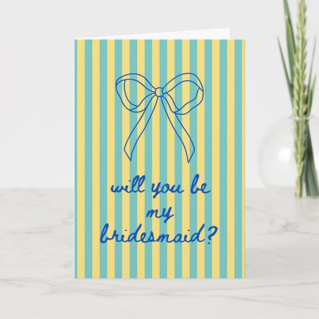 Blue Cursive + Aqua & Yellow Bridesmaid Proposal Karte (Vorderseite)