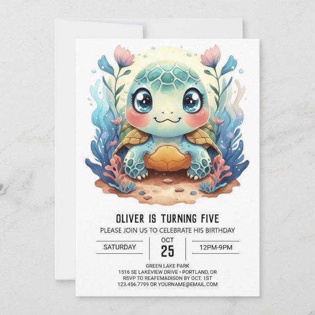 Blue Custom Aquatic Turtle Boy Geburtstag Einladung (Vorderseite)