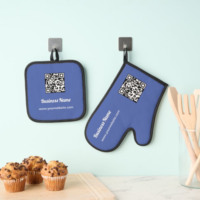 Blue Custom Business Name Barcode QR Code Ofenhandschuh & Topflappen-Set (Insitu (Hängend))