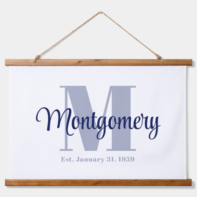 Blue Custom Family Name Sign Wedding Gift Idee Wandteppich Mit Holzrahmen (Vorne)