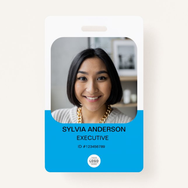 Blue Custom Foto Employee ID Logo QR Code Ausweis (Vorderseite)