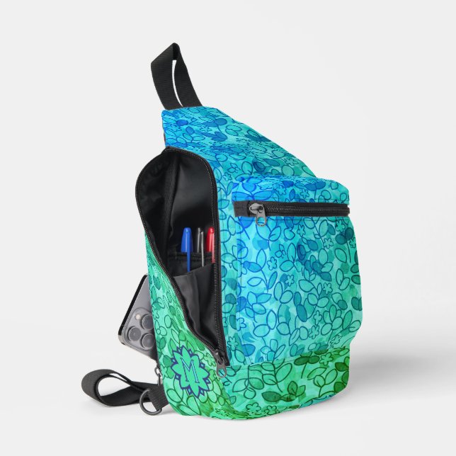 Blue Custom Leaf Cluster mit winzigen Blume Crossbody Bag (Offen)
