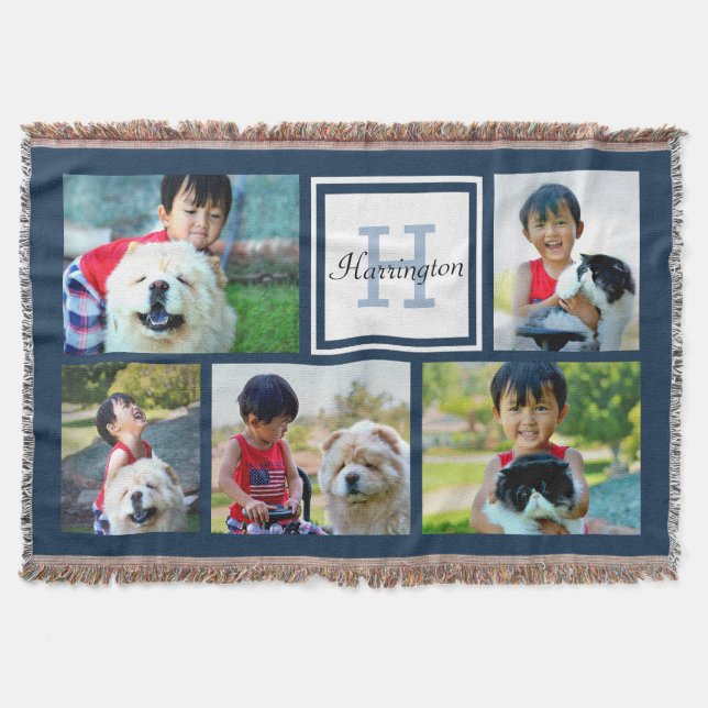Blue Custom Mit Monogramm 5 Foto Picture Collage Decke (Vorderseite)