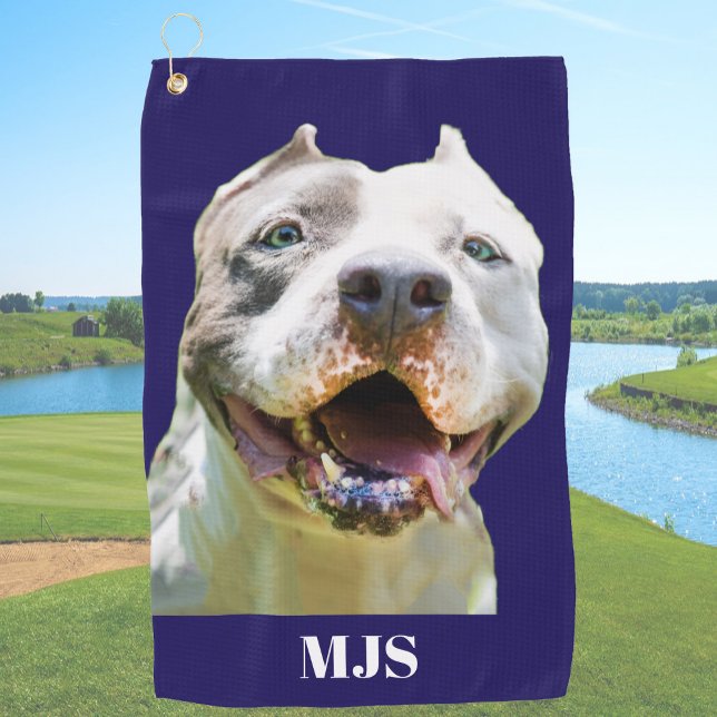 Blue Custom Monogram Dog Photo Personalized Golfhandtuch (Von Creator hochgeladen)