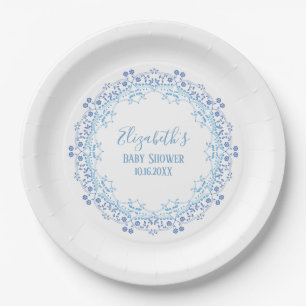 Blue Custom Monogram Simple Floral Elegant Pappteller