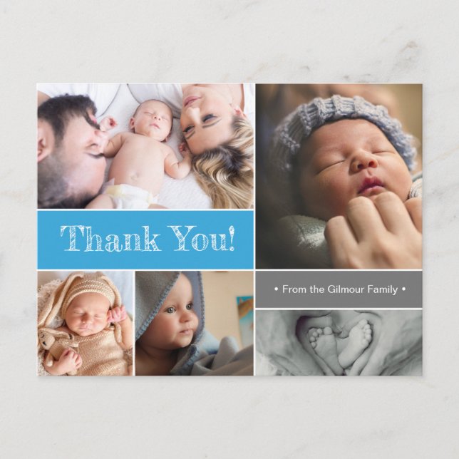Blue Custom new baby Boy Foto Collage Baby Shower Postkarte (Vorderseite)