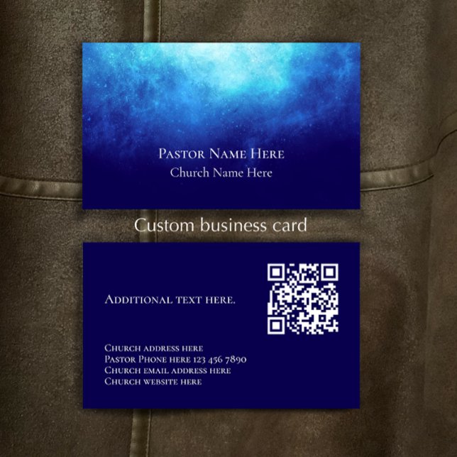 Blue Custom Text Christian Church Pastor QR Code  Visitenkarte (Personalize this unique modern custom business card template. Blue nebula original design.)