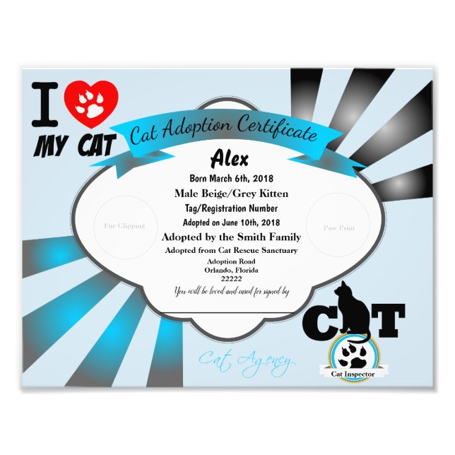 Blue Customizable Cat Adoption Certificate Fotodruck (Vorne)