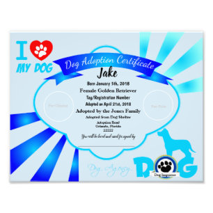 Blue Customizable Dog Adoption Certificate Fotodruck
