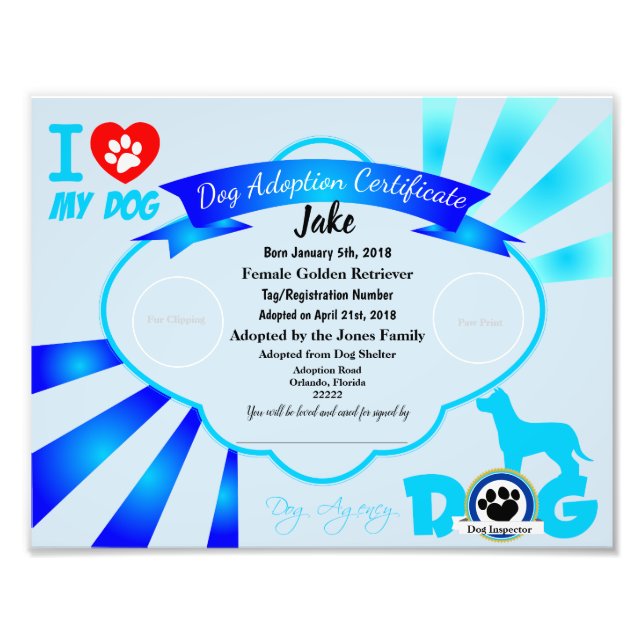 Blue Customizable Dog Adoption Certificate Fotodruck (Vorne)