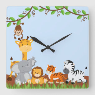 Blue Cute Jungle Baby Animals Wall Clocks Quadratische Wanduhr