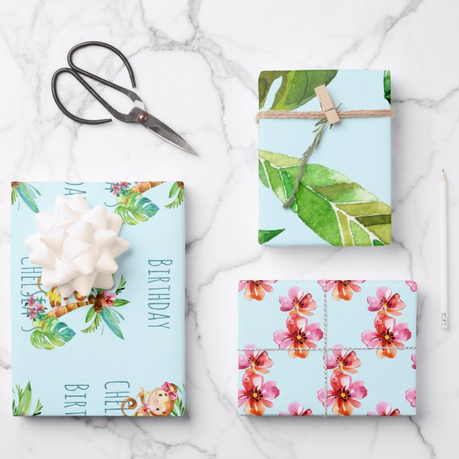 Blue Cute Monkey Personalized Happy Birthday Geschenkpapier Set (Vorderseite)