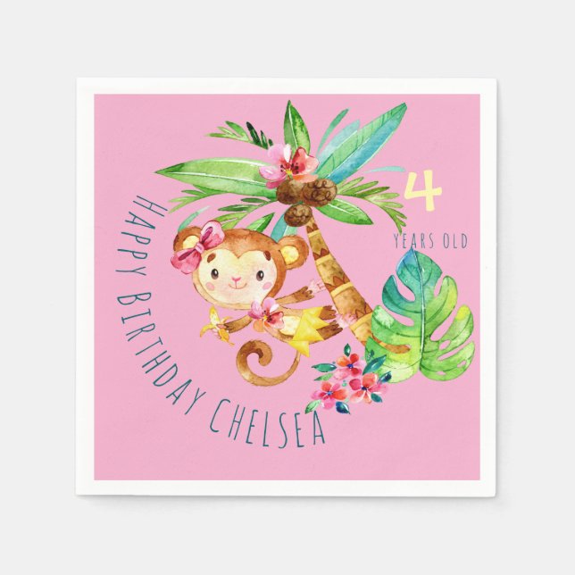 Blue Cute Monkey Personalized Happy Birthday Serviette (Vorderseite)