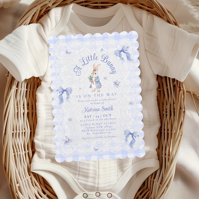 Blue Cute Rabbit Gingham lace Baby Shower Einladung (Von Creator hochgeladen)