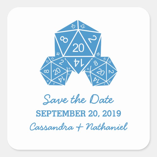 Blue D20 Dice Save the Date Stickers (Vorderseite)