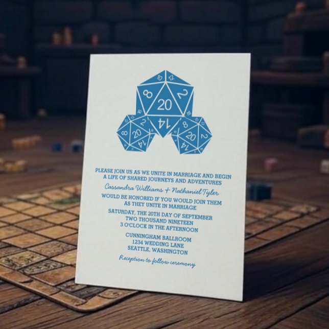Blue D20 Dice Wedding Einladung (Blue D20 Dice Wedding Invite)